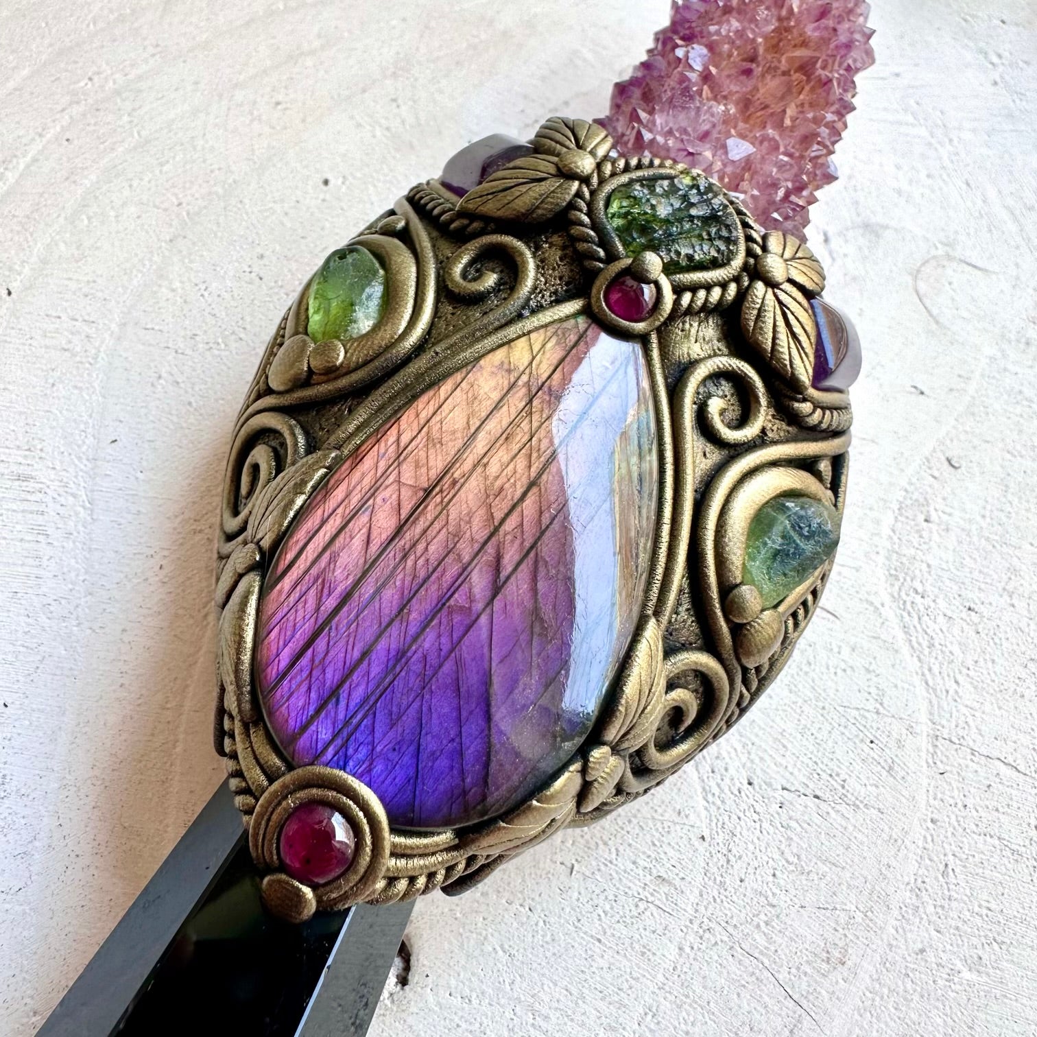 Handmade crystal wand featuring Black Obsidian with Deep Purple Spirit Quartz and genuine natural crystals.