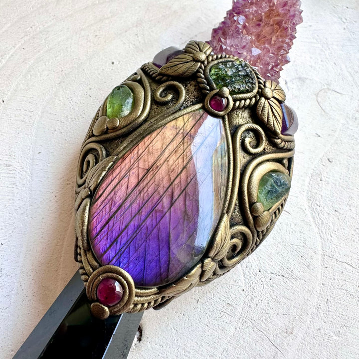 Handmade crystal wand featuring Black Obsidian with Deep Purple Spirit Quartz and genuine natural crystals.
