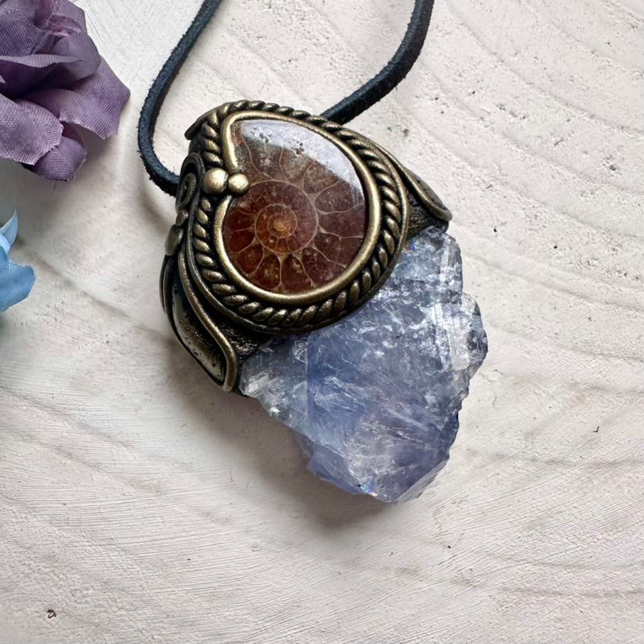 One-of-a-kind Light Blue Fluorite and Ammonite necklace, wearable energy tool jewelry made with love.