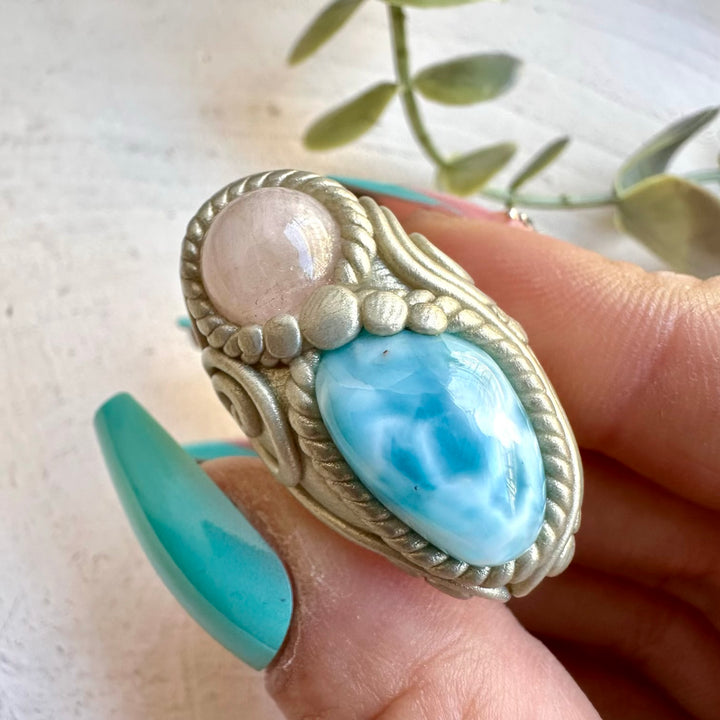 Energy crystal ring with larimar and morganite