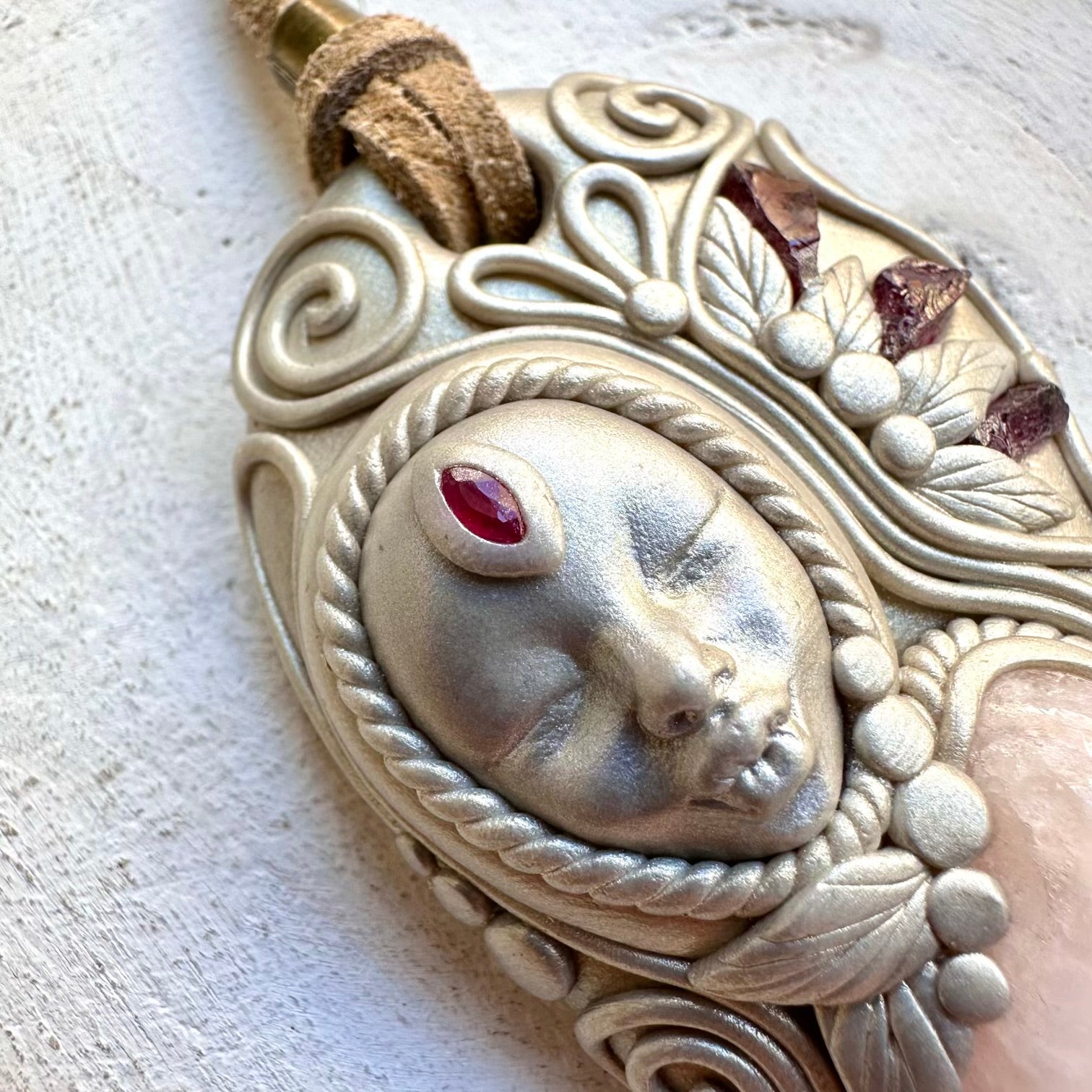 Energy pendant goddess necklace with ruby and morganite