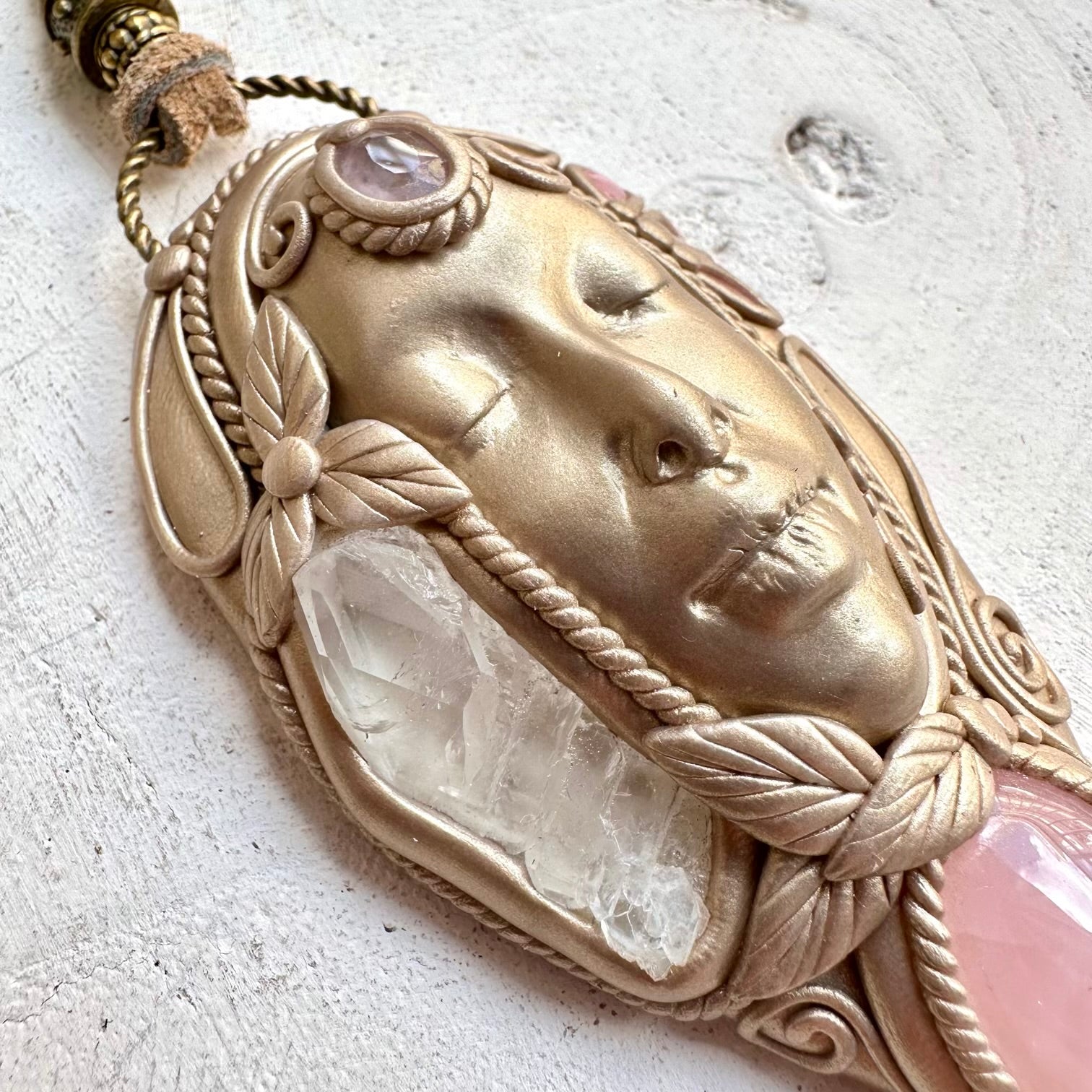 Natural gemstone goddess necklace with rose quartz and amethyst