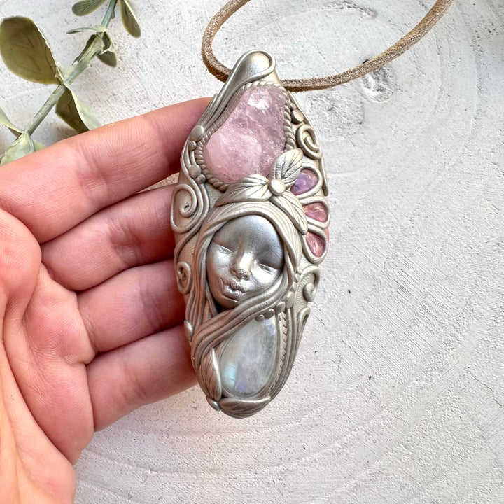 Spiritual jewelry combining morganite pink tourmaline and moonstone