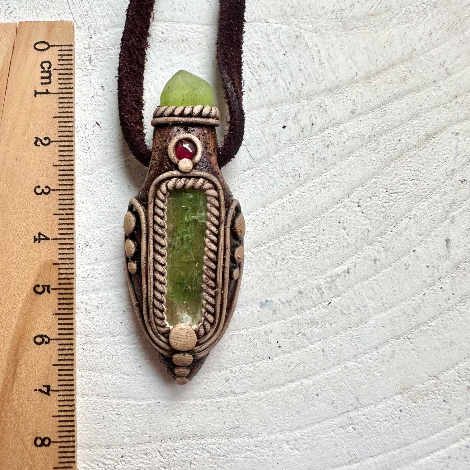 Green Kyanite Peridot and Rhodolite Garnet crystal talisman necklace