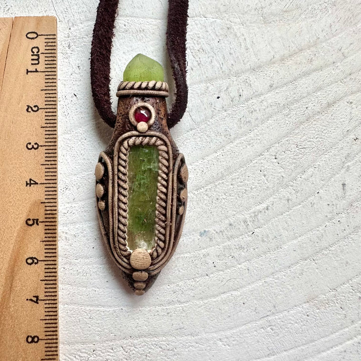 Green Kyanite Peridot and Rhodolite Garnet crystal talisman necklace