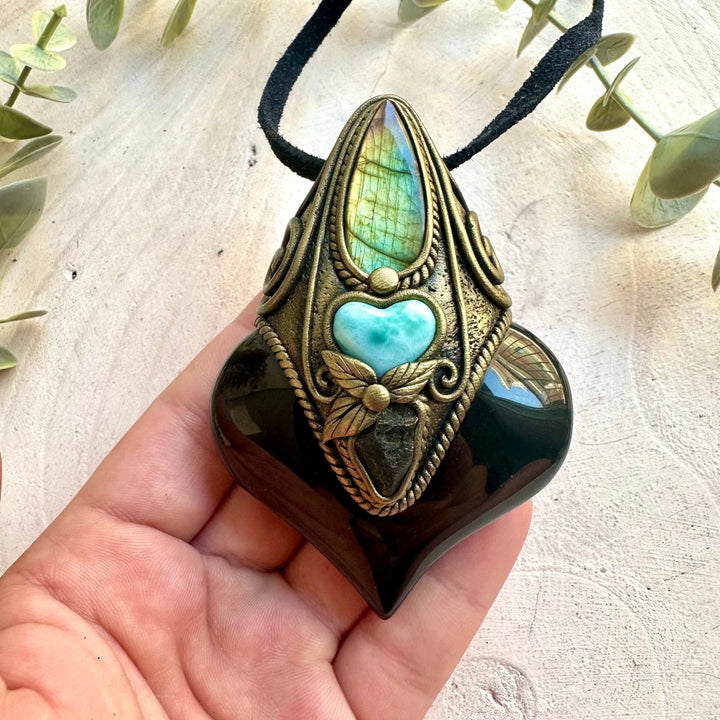 One of a kind handmade Rainbow Obsidian necklace with Labradorite, a Larimar heart and genuine raw Moldavite.