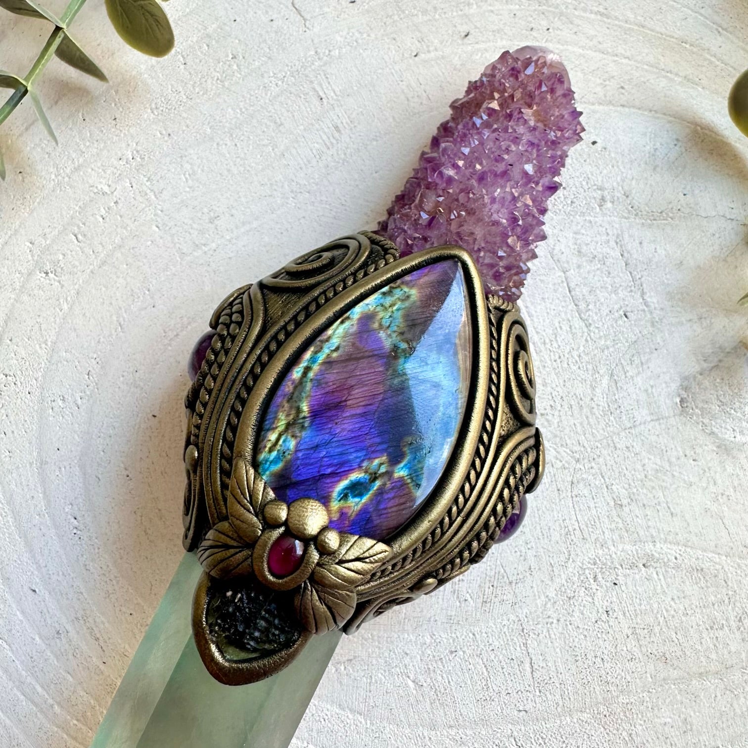 Metaphysical crystal wand handcrafted with Rainbow Fluorite, Deep Purple Spirit Quartz and Labradorite.