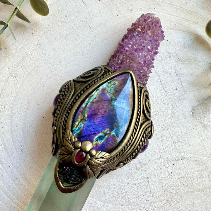 Metaphysical crystal wand handcrafted with Rainbow Fluorite, Deep Purple Spirit Quartz and Labradorite.