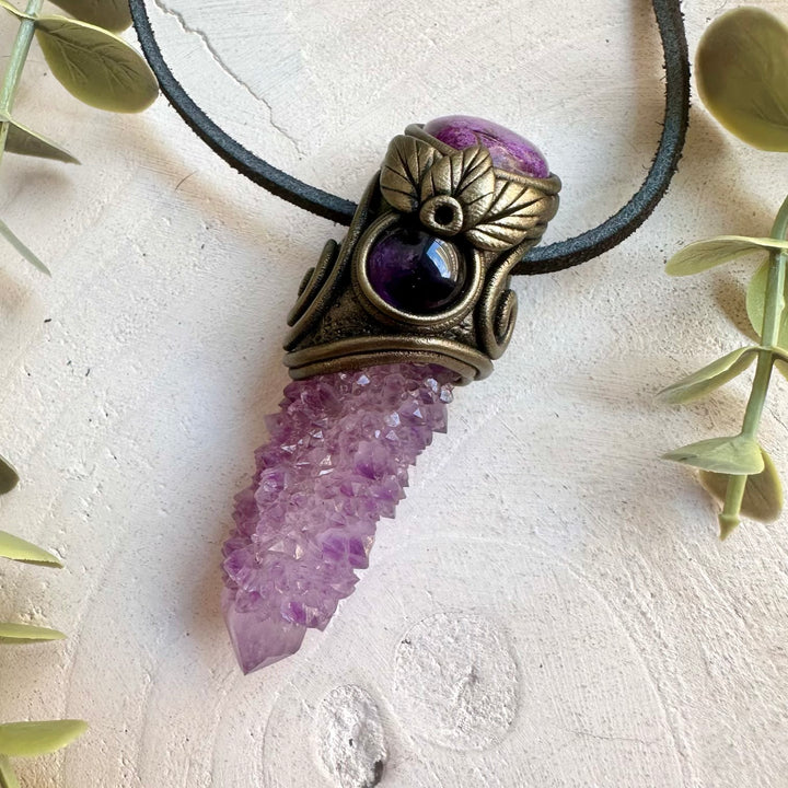 Handmade healing crystal necklace with Deep Purple Spirit Quartz, Amethyst and natural Stichtite.