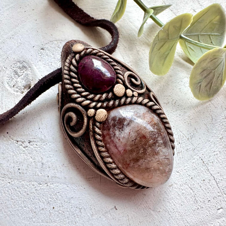 Natural Hematite Quartz and Ruby crystal necklace handmade boho jewelry for meditation, mindfulness and everyday wear
