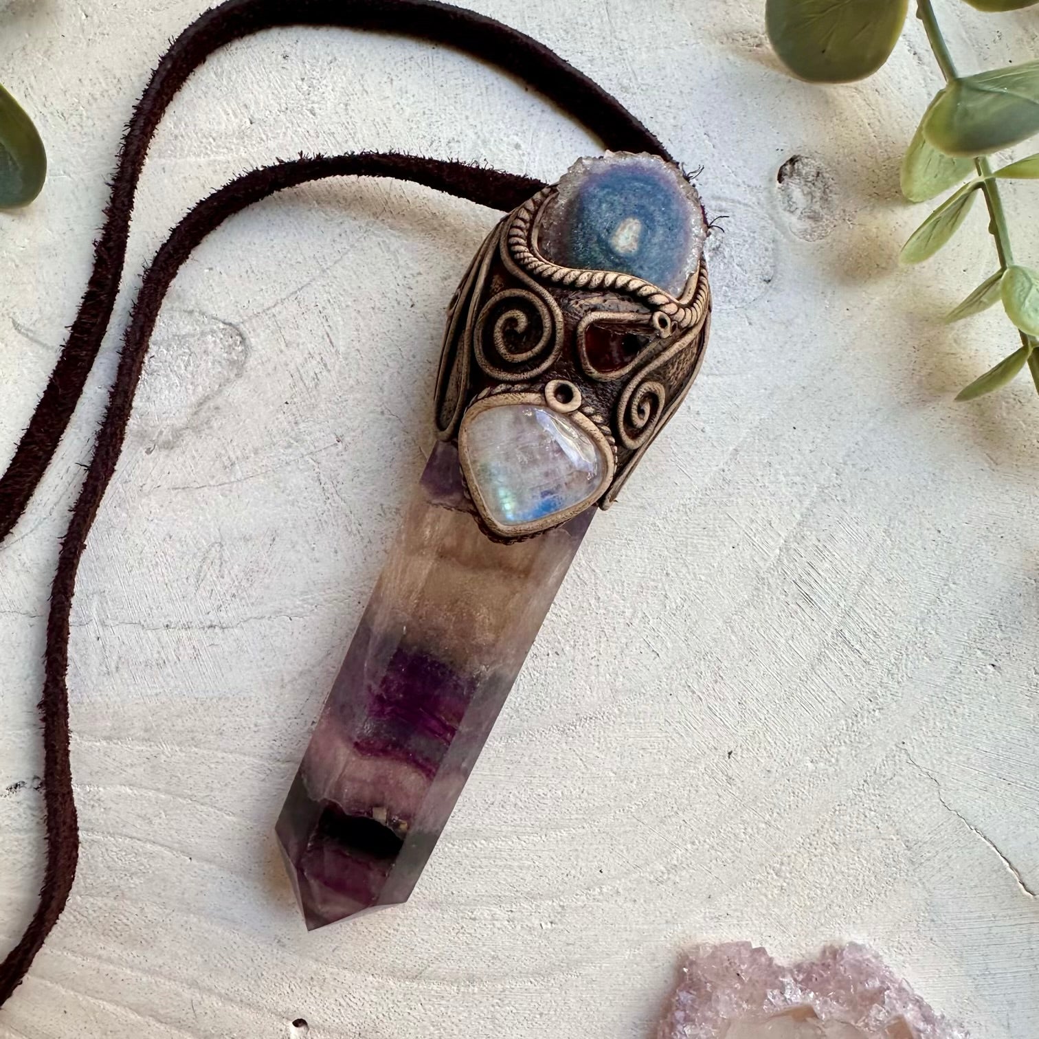 Energy wand pendant with fluorite amethyst and moonstone