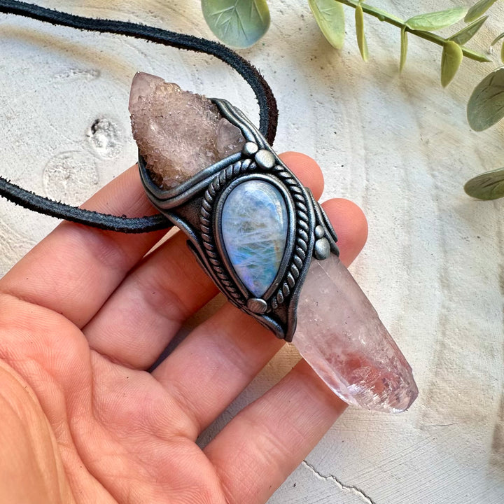 Amethyst moonstone and quartz healing crystal necklace