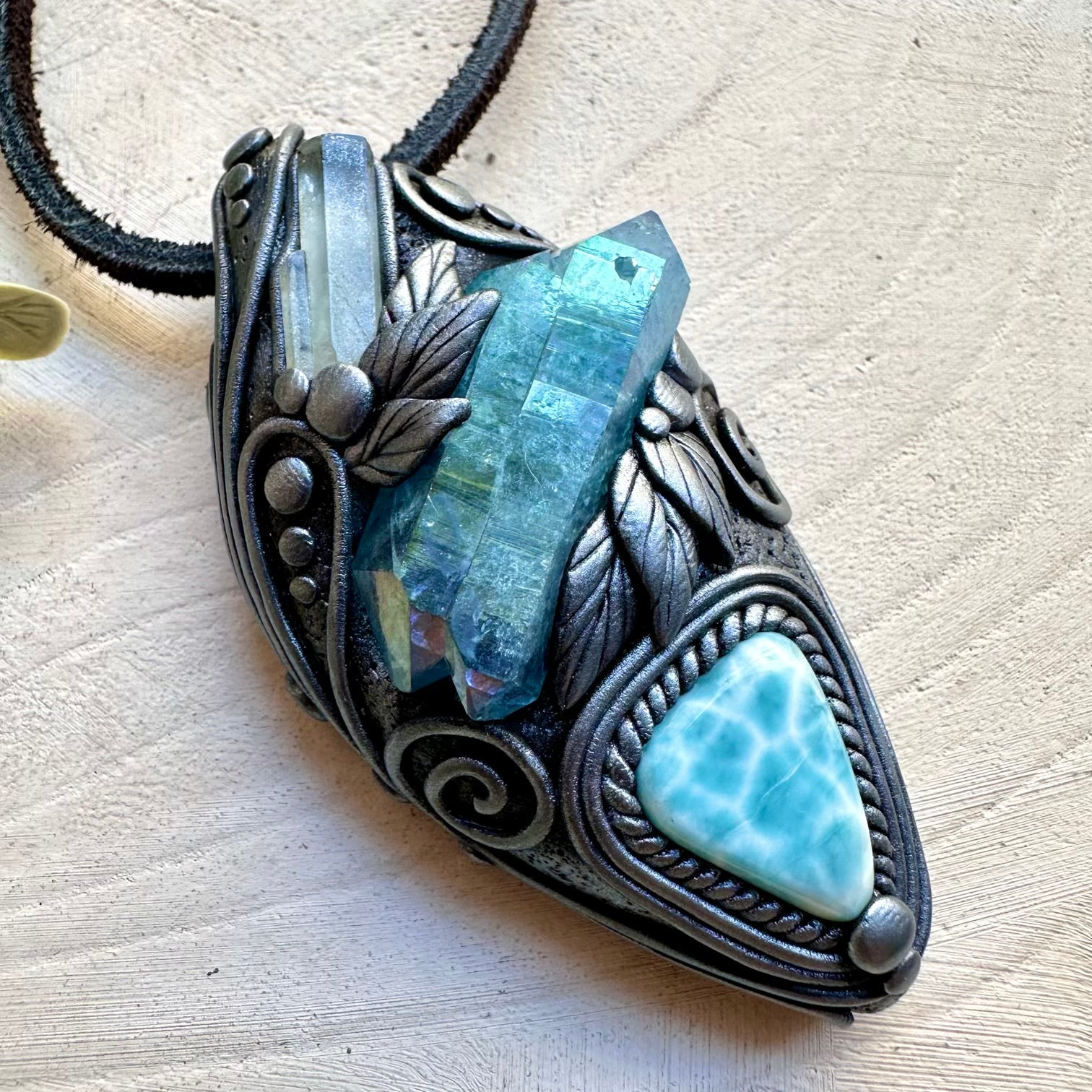 Aura quartz aquamarine and larimar unisex spiritual jewelry