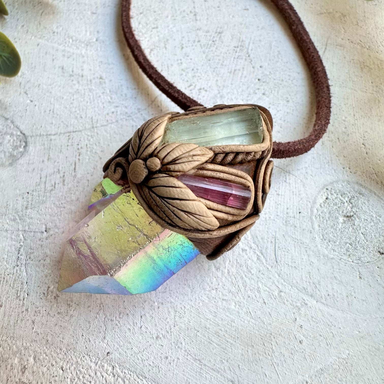 Unique pink tourmaline crystal pendant necklace