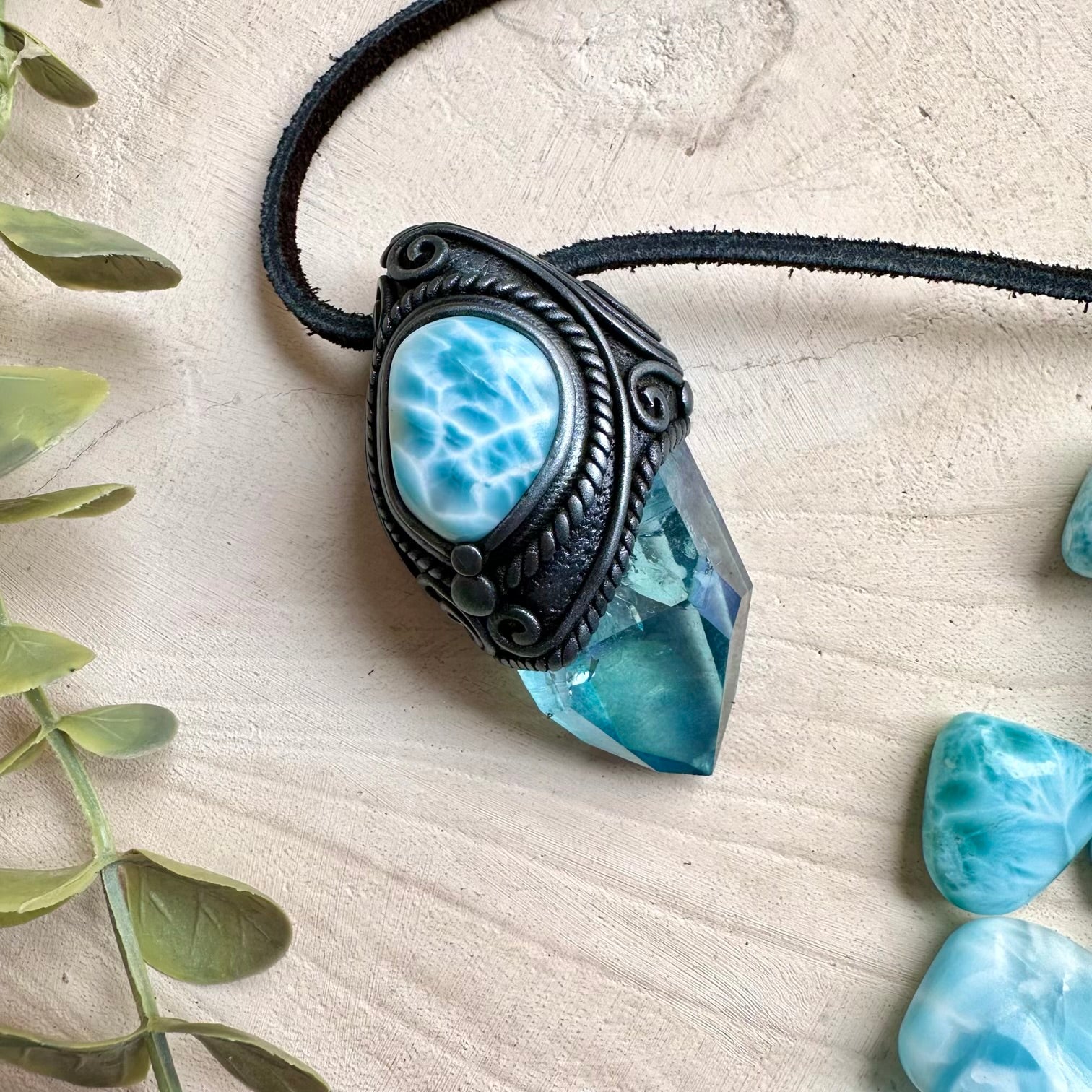 Healing crystal pendant with aqua aura quartz and larimar
