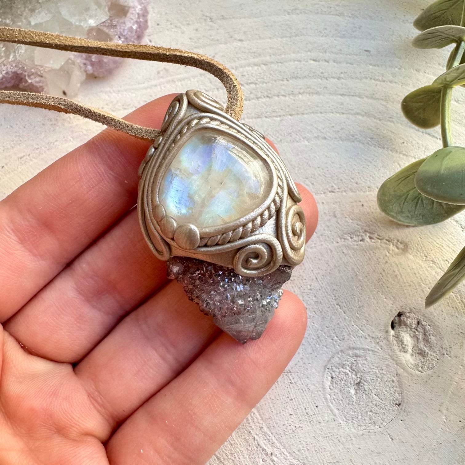 Natural gemstone necklace with aura quartz and moonstone