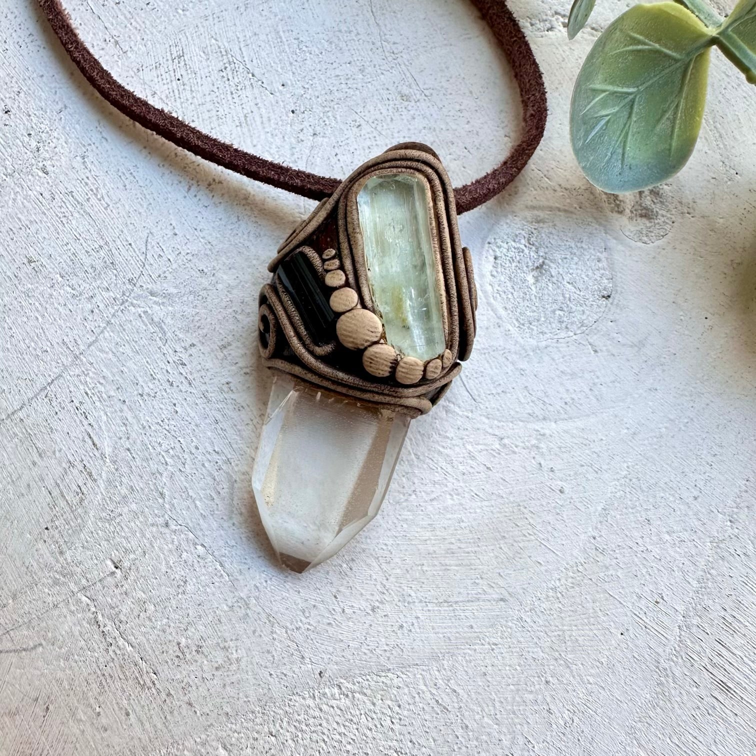 Energy pendant with lemurian quartz and aquamarine