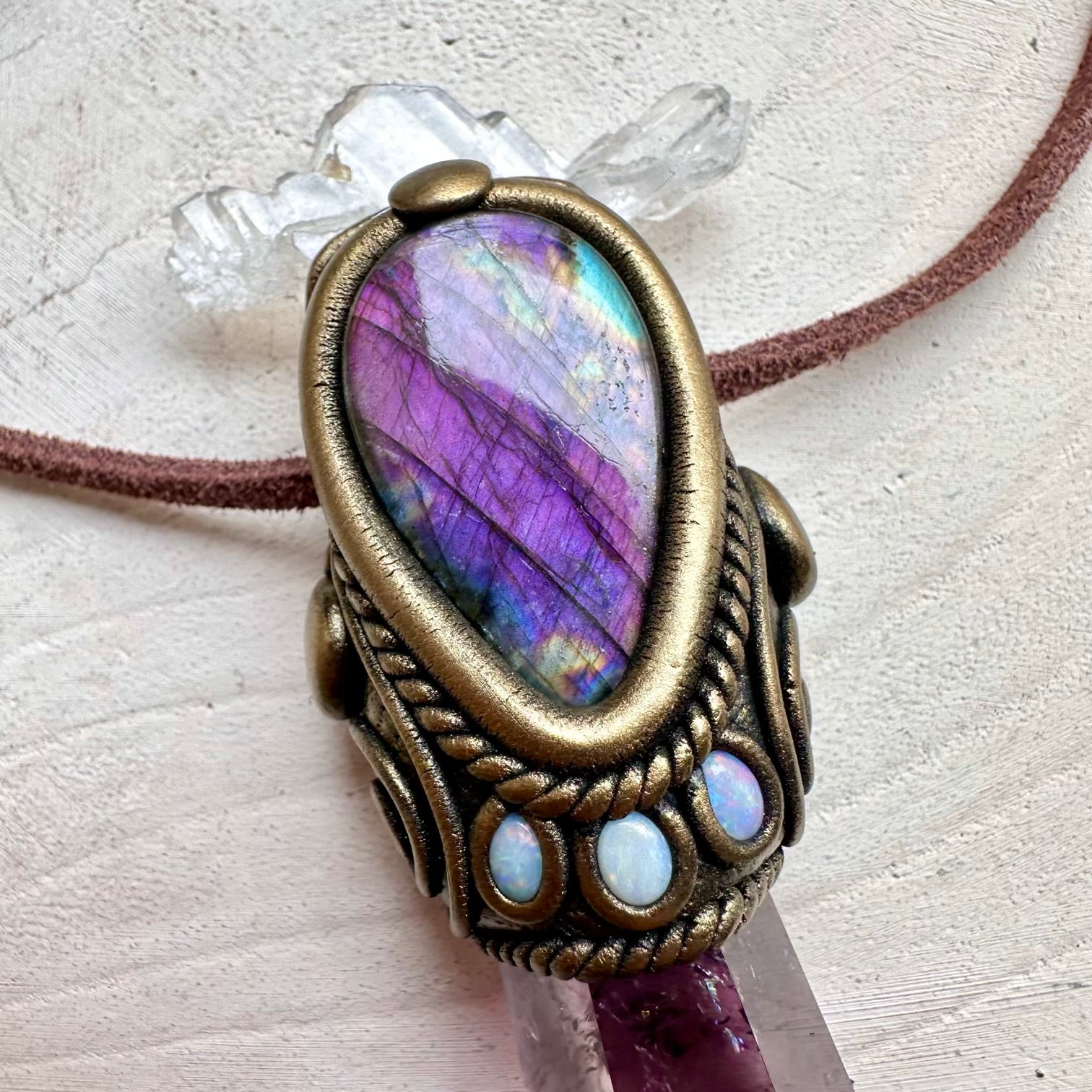 Natural gemstone wand necklace with amethyst and australian opal