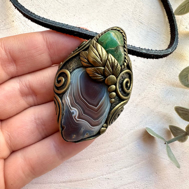 Natural gemstone necklace with botswana agate and emerald