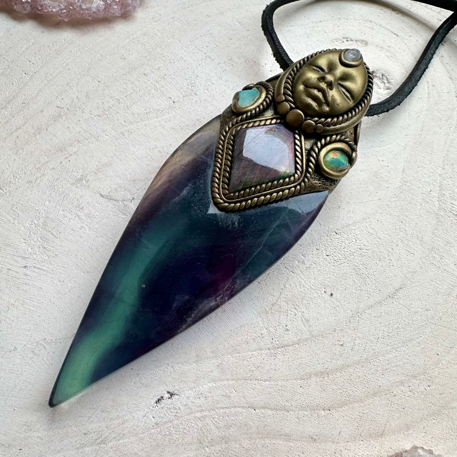 Healing crystal wand pendant with fluorite moonstone and opal