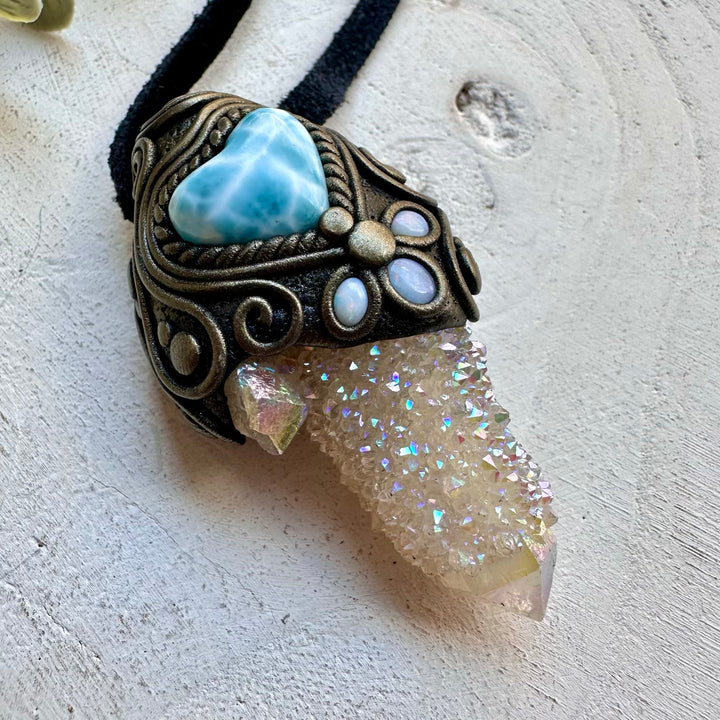 Natural gemstone necklace with aura quartz larimar heart and opal