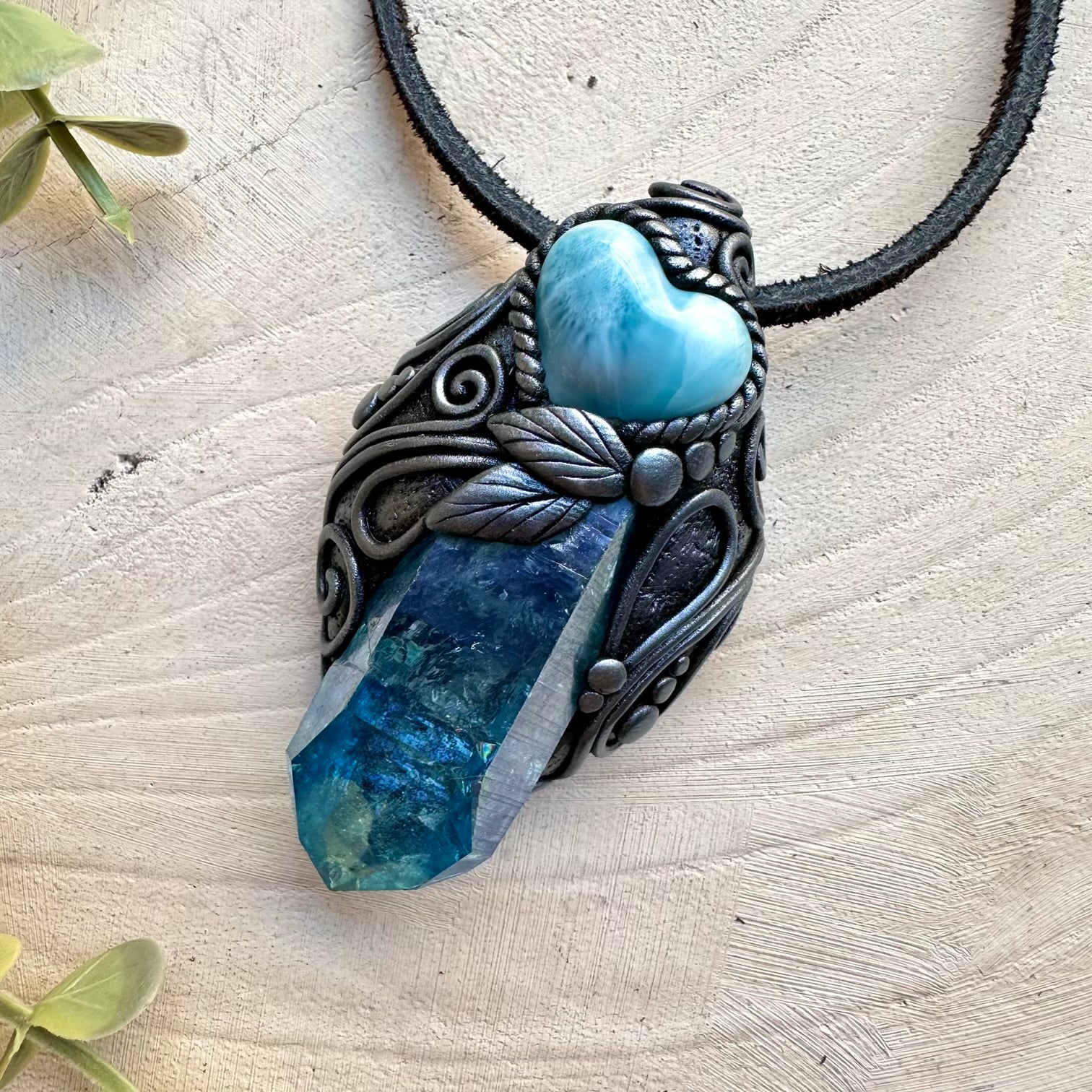 Aura quartz and larimar heart unisex spiritual jewelry