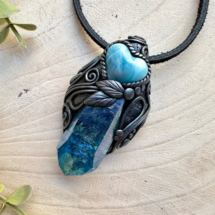 Aura quartz and larimar heart unisex spiritual jewelry