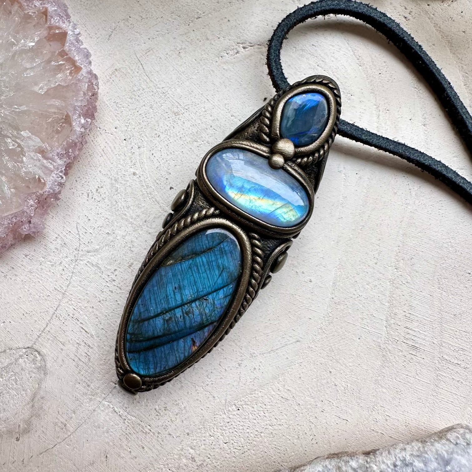 Labradorite moonstone and black opal healing crystal necklace