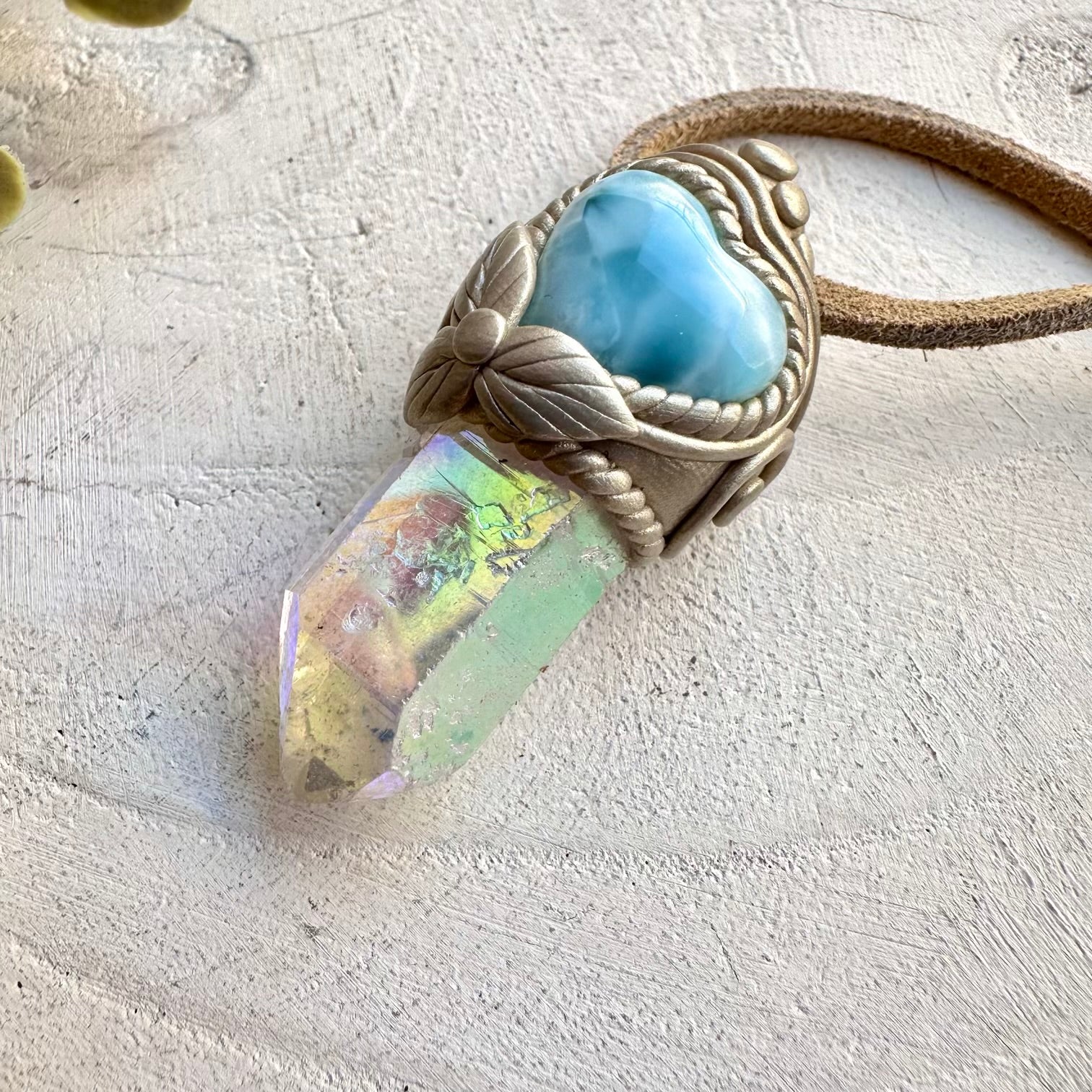 Healing crystal necklace with larimar heart and aura quartz