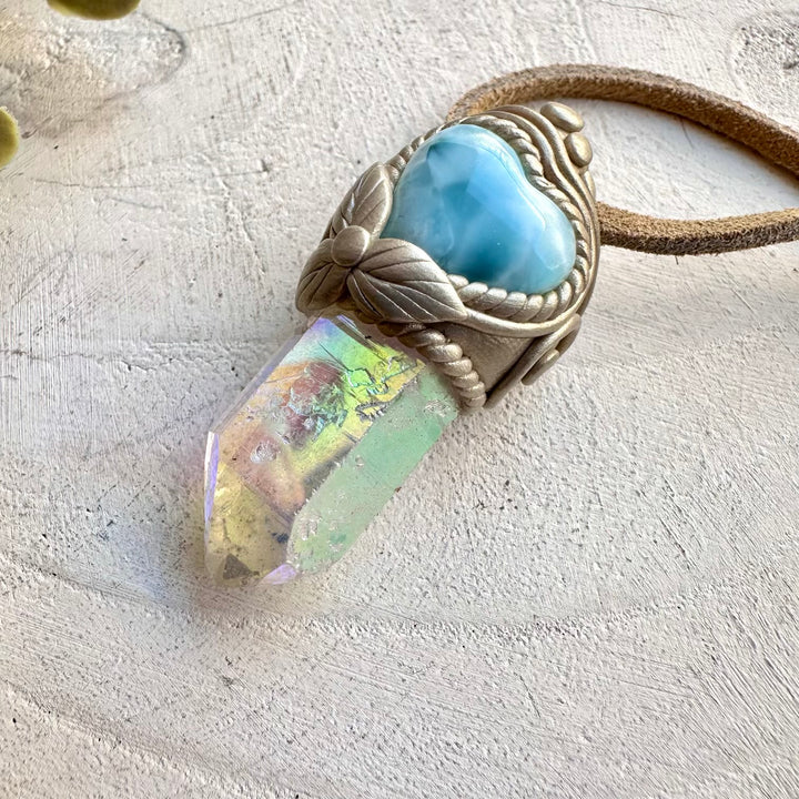 Healing crystal necklace with larimar heart and aura quartz
