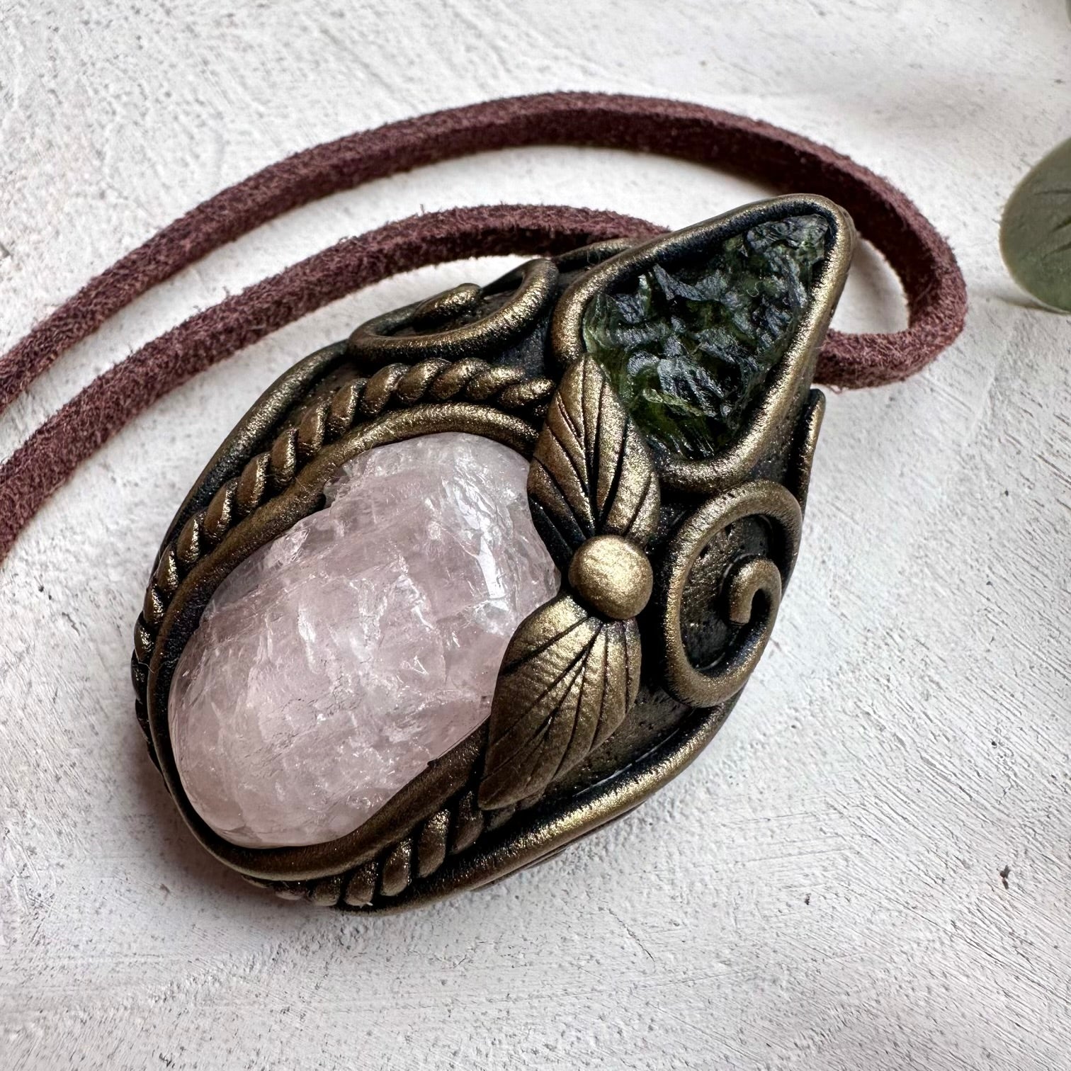 Morganite and moldavite healing crystal necklace