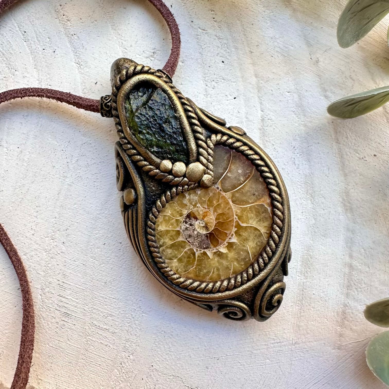 Natural gemstone necklace with ammonite and moldavite