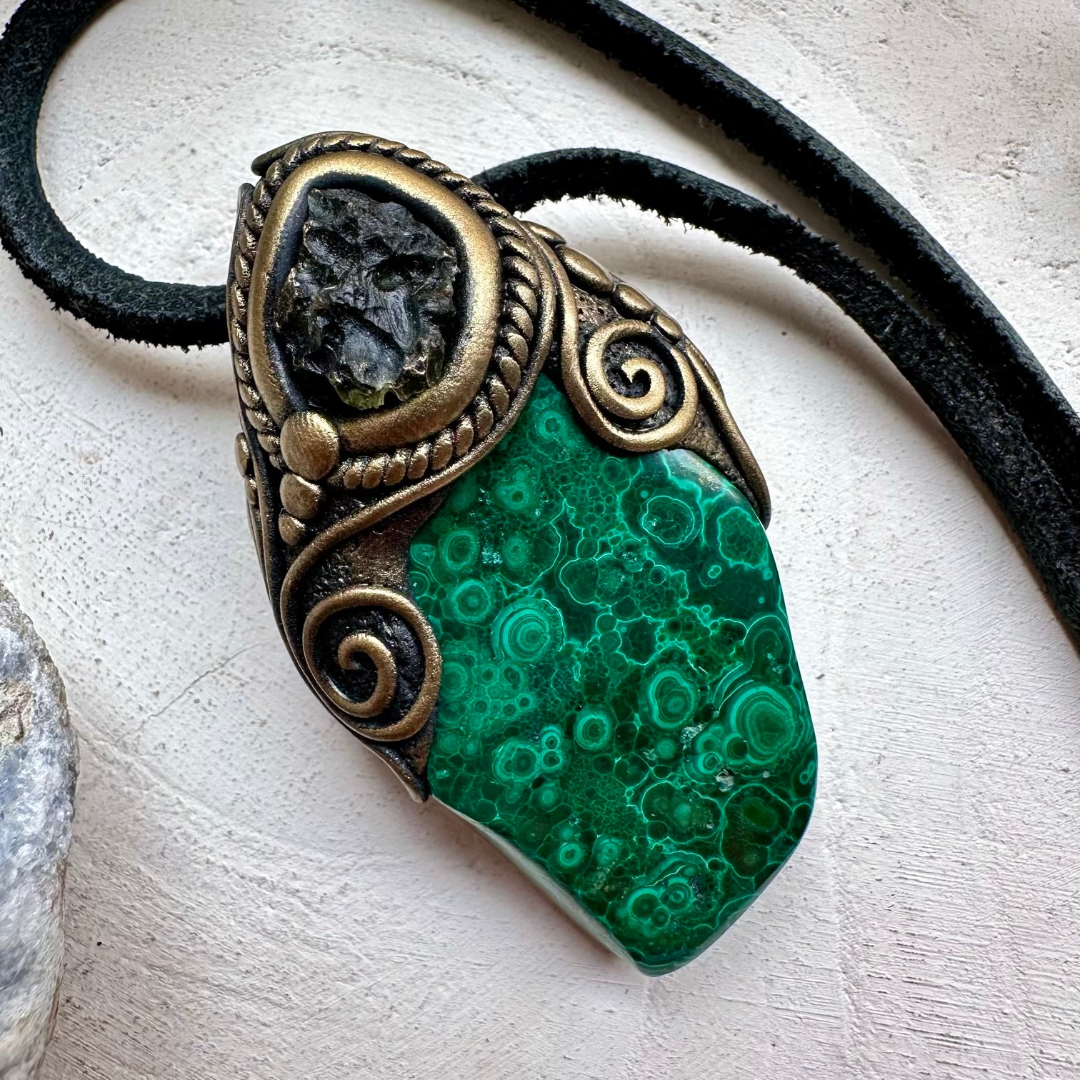 Moldavite and malachite healing crystal necklace
