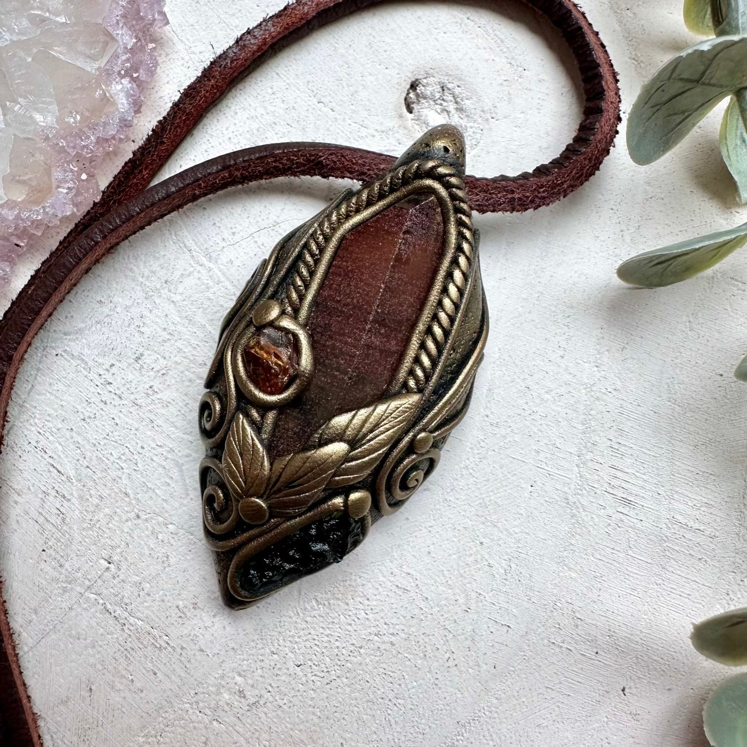 Moldavite garnet and quartz healing crystal necklace
