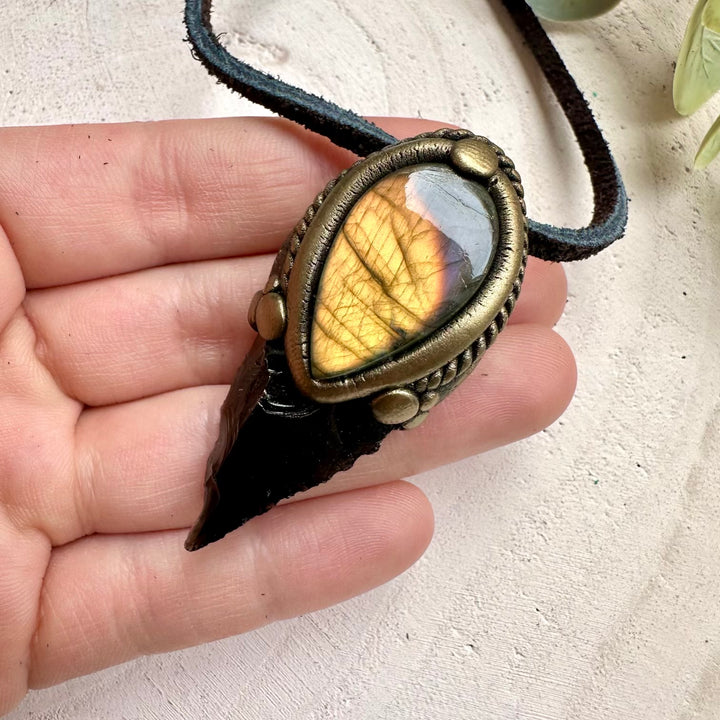 Energy pendant with obsidian arrowhead and labradorite