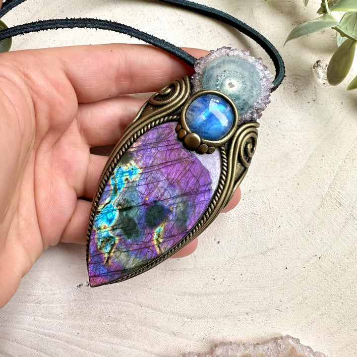 Handmade talisman necklace with labradorite amethyst stalactite and moonstone