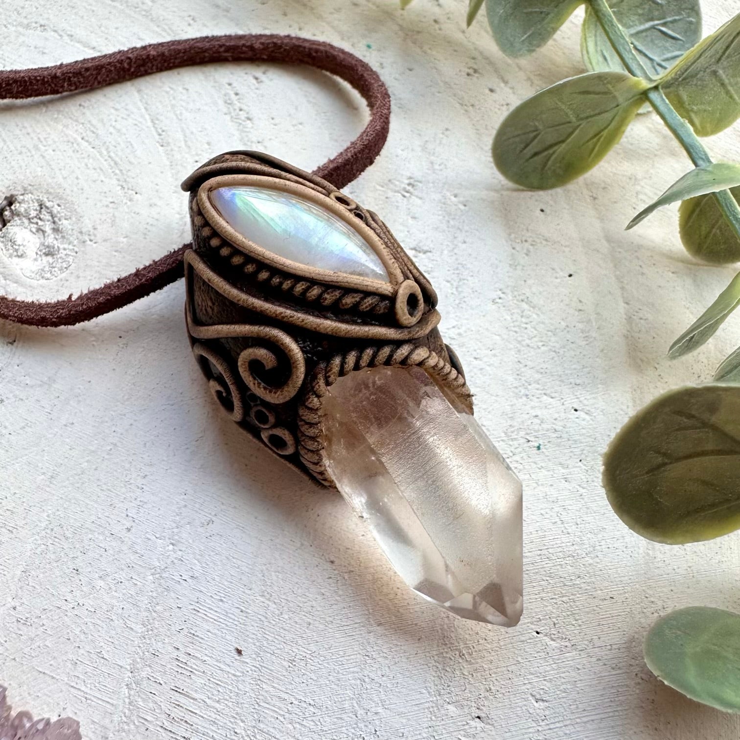 One of a kind lemurian quartz and moonstone gemstone necklace