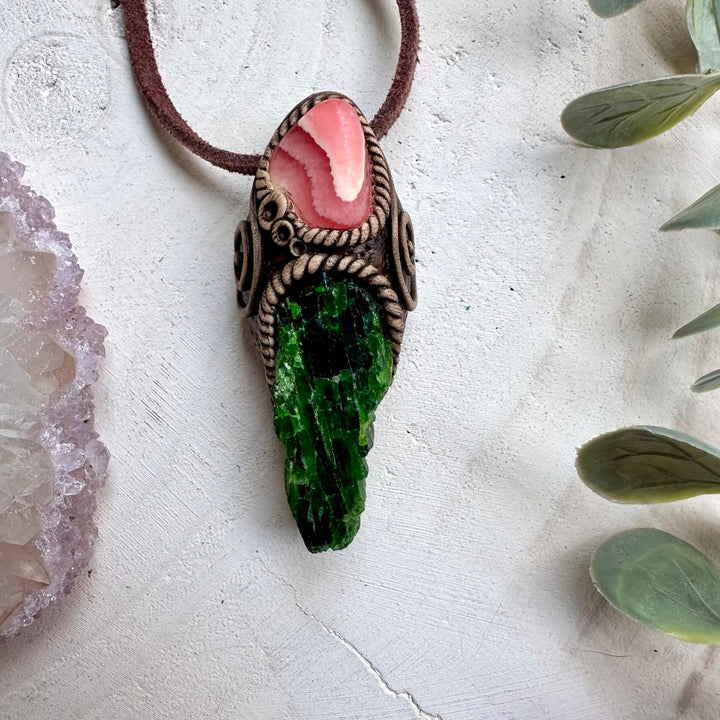 Rhodochrosite and diopside unisex spiritual jewelry