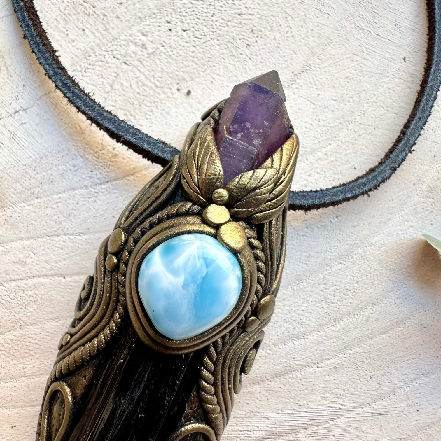 Energy pendant with tourmaline amethyst and larimar