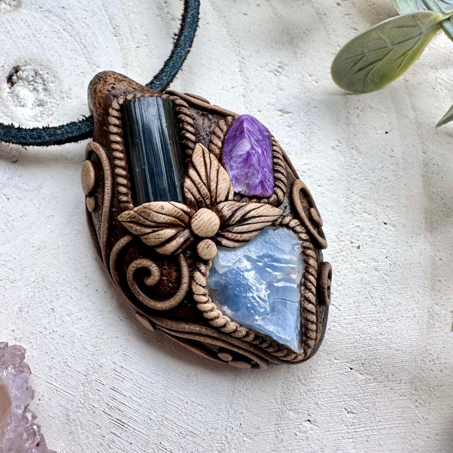 Blue calcite tourmaline and charoite unisex spiritual jewelry