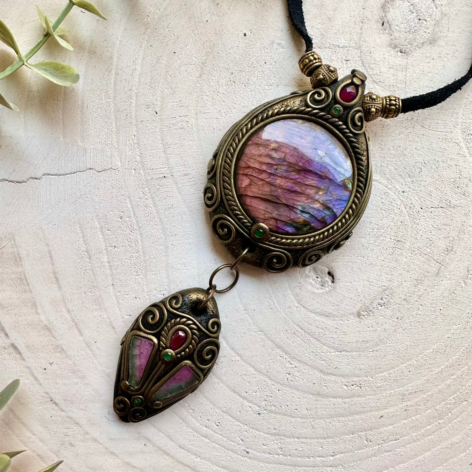 Crystal talisman necklace made with Labradorite, Emerald and Rhodolite Garnet natural gemstones.