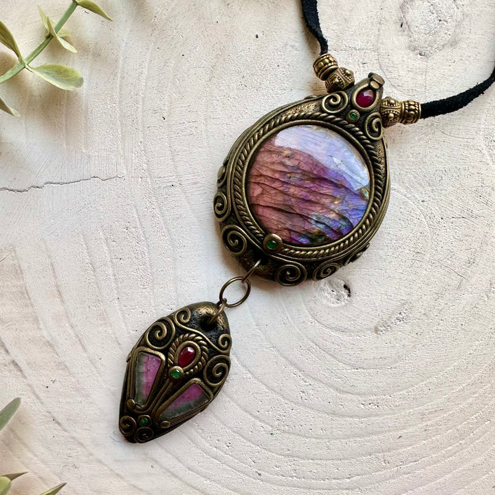 Crystal talisman necklace made with Labradorite, Emerald and Rhodolite Garnet natural gemstones.