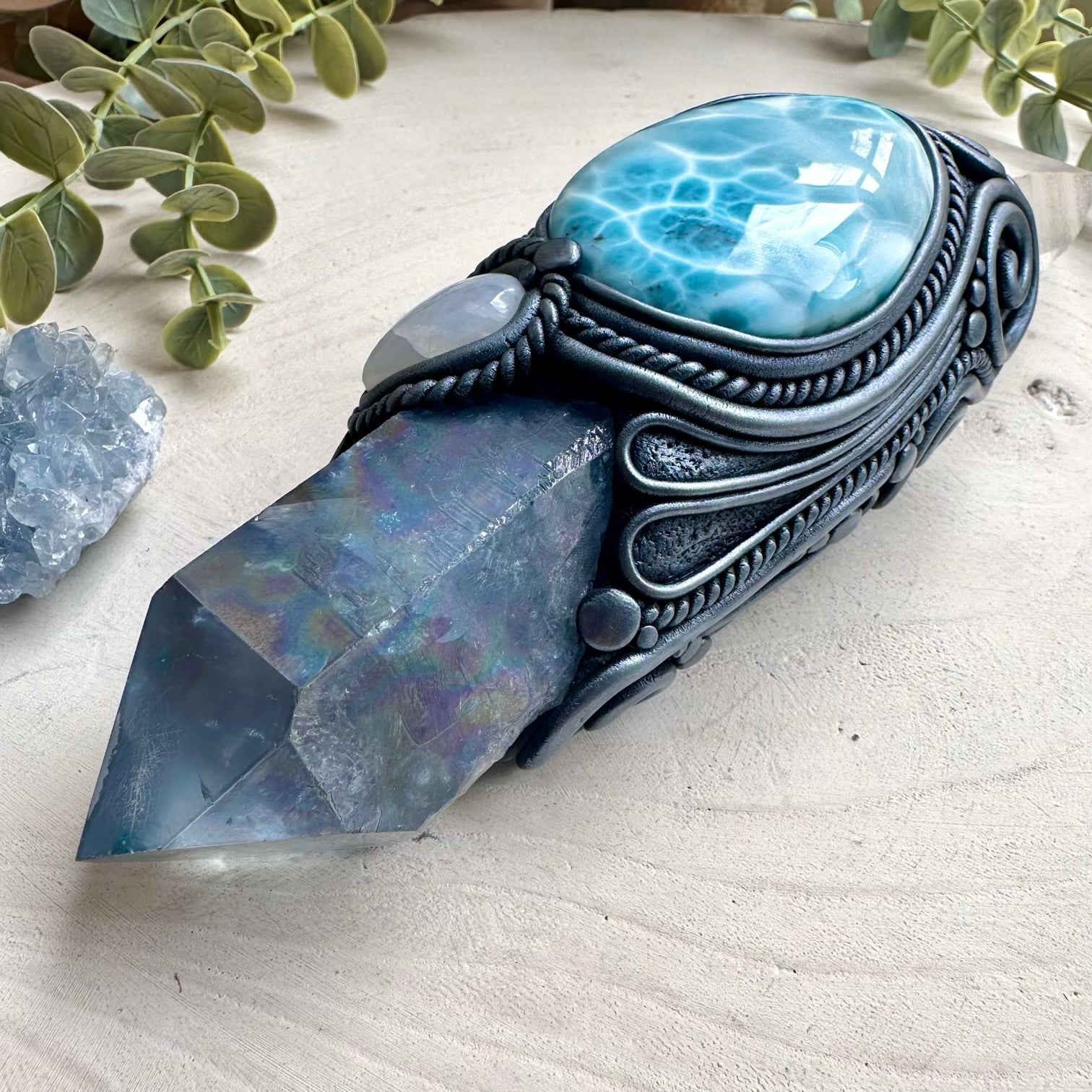 Natural gemstone wand with quartz larimar and aura quartz for intuition and healing