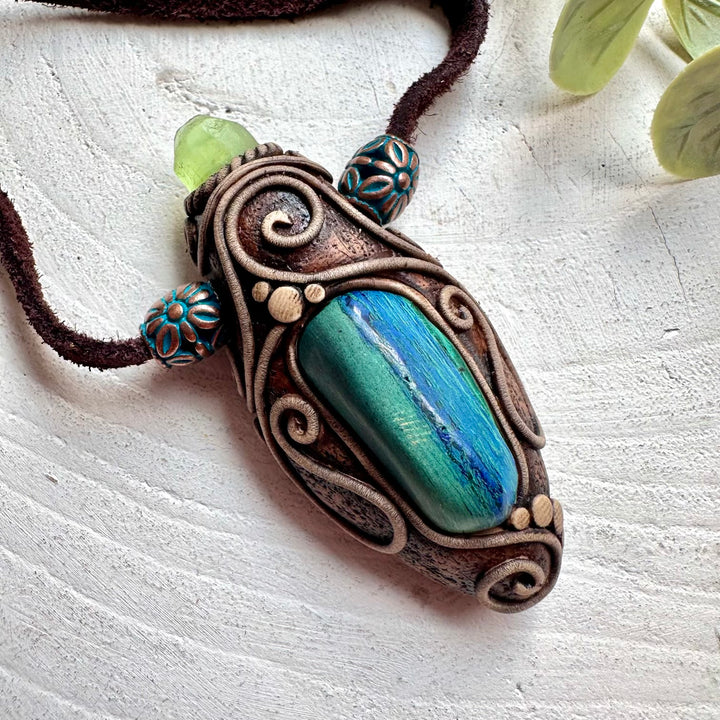 Fantasy jewelry pendant with raw gemstones handmade with Malachite Azurite and Peridot