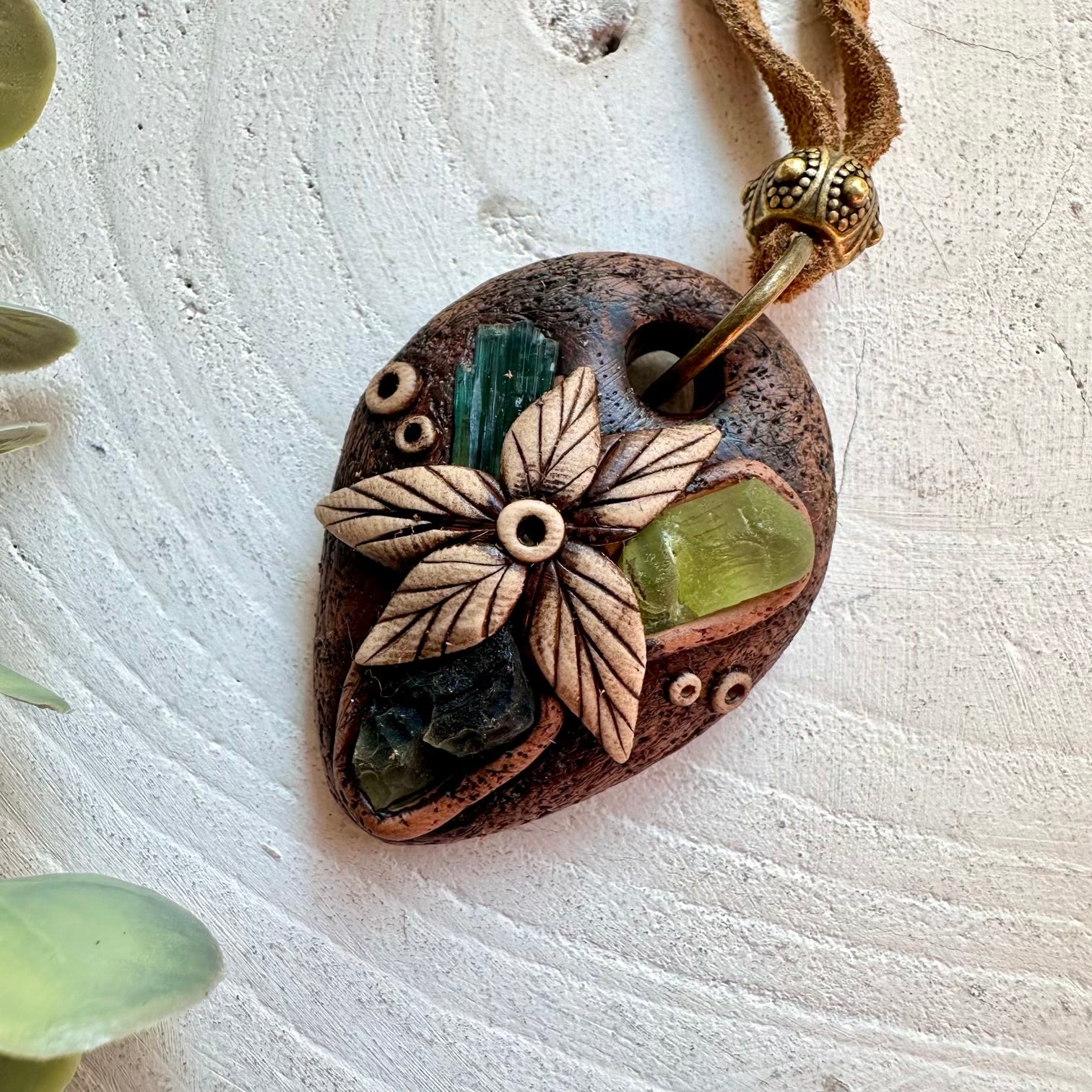 Handmade gemstone pendant featuring Moldavite, Peridot and Green Tourmaline