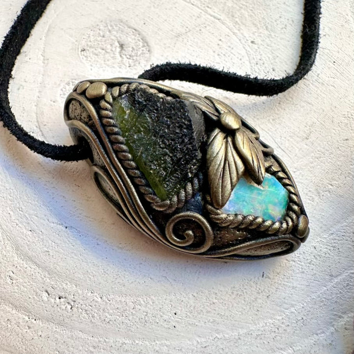 Unisex metaphysical energy tool necklace featuring natural imperfect raw Moldavite flash and authentic Ethiopian Opal pendant.