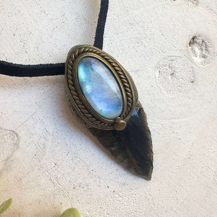 Healing crystal jewelry featuring Rainbow Moonstone and Obsidian