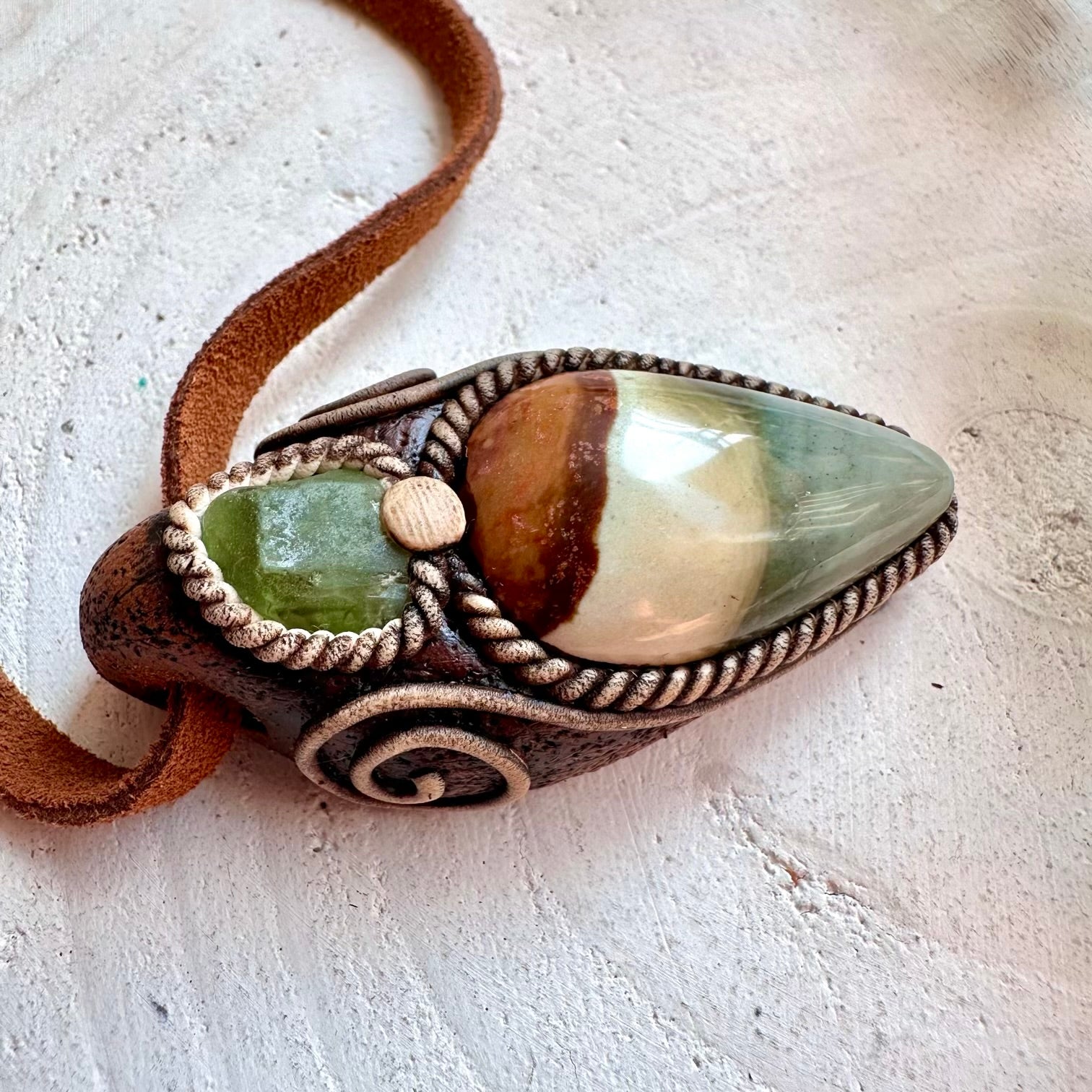 Hnadmade artisan healing stone necklace featuring Polychrome Jasper and Peridot pendant