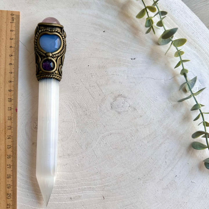 Handmade Selenite crystal wand with Rose Quartz, Blue Chalcedony Heart and Amethyst.