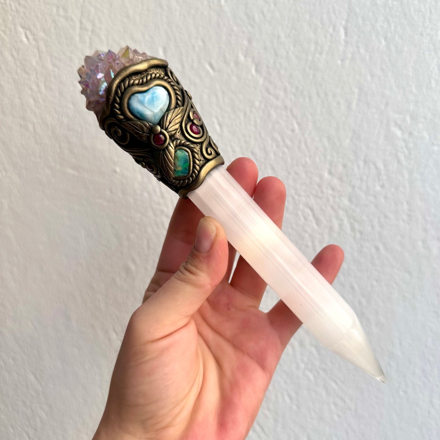 One of a kind healing crystal wand featuring luminous Selenite and Angel Aura Spirit Quartz.